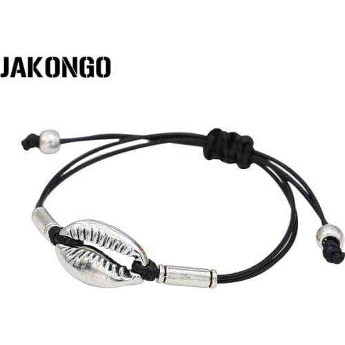 JAKONGO Braided Black Rope Shell Bracelet for Women and Man Handmade Weave Adjustable Vintage Bracelet