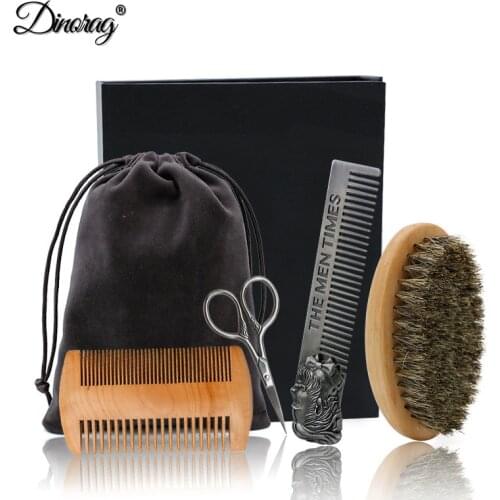 High Quality 4 PCS/Set Soft Boar Bristle Wood Beard Brush Double-sided Styling Comb Scissor Modeling Cleaning Care Kit For Men