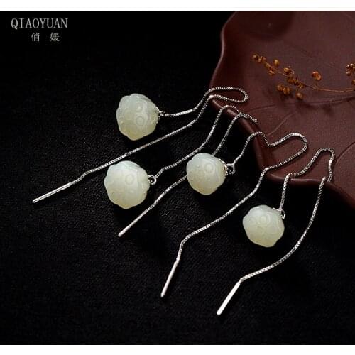 925 sterling silver earings jade earrings jewelry lotus long Lotus Natural Hetian Jade Lotus Peng Retro real gold jewelry