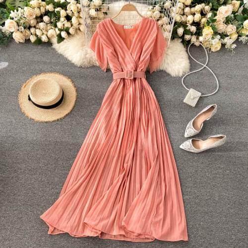 Womens Spring Summer Runway Fashion V Neck Pleated Chiffon Dress Female Travel Chic Belt Beach Dress TB1762