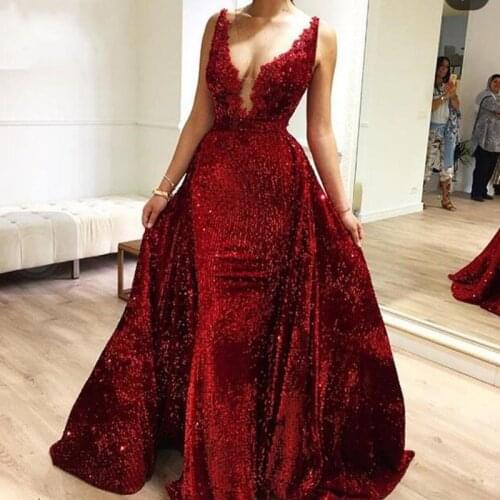Wine Red Sparkle Sequined Evening Dresses Long Mermaid With Detachable Train Formal Prom Gown Deep V NecK Beads Robe De Soiree