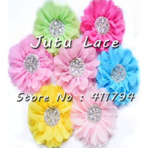 20 pcs/lot , 5'' big shabby chiffon flower , chiffon flower with rhinestone for headwear apparel hair accessories 25 colors