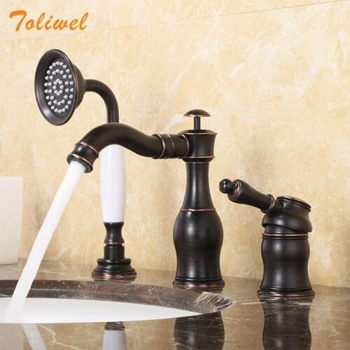 3 PCS Brass Bathroom Faucet Three Hole Basin Sink faucet Mixer Taps Cold Hot Water tap with Handhold Shower Head Black Gold