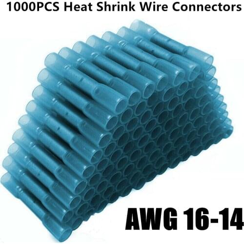 500/1000PCS Heat Shrink Butt Wire Connectors AWG 16-14 1.5-2.5mm2 Blue Waterproof Insulated Automobile Wire Cable Terminals