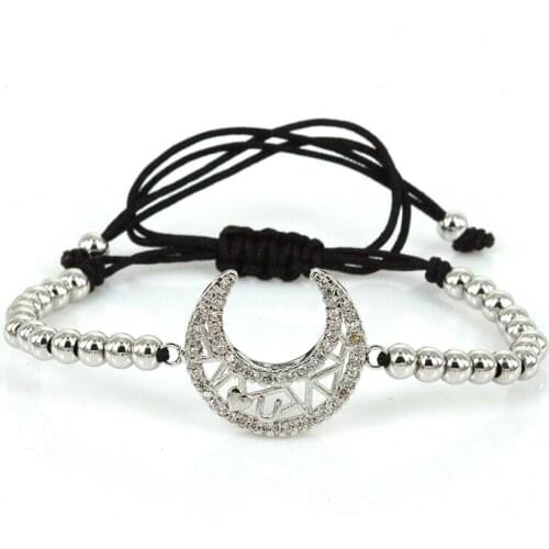 Anil Arjandas Macrame Bracelets Brass Micro Pave CZ Moon Shape Stopper 24K Silver Plated Color Braided Men Bracelet ZZB-41