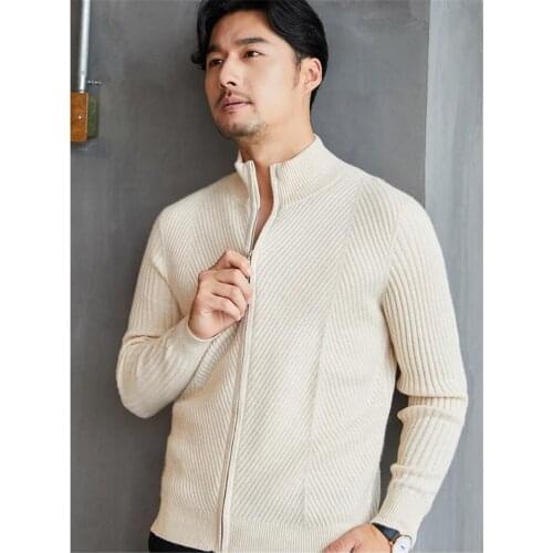 Pure wool cashmere twill striped knit mens smart casual zipper cardigan sweater coat half high collar S-2XL