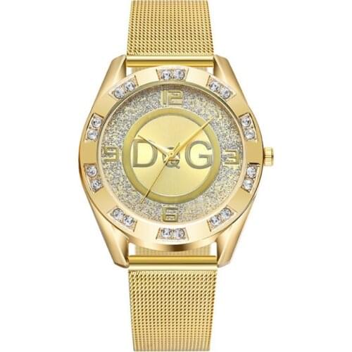 DQG Women Men Stainless Steel Mesh Belt Watch Rhinestone Dial Watches Quartz Wristwatch Bangle Gold Silver Timepiece