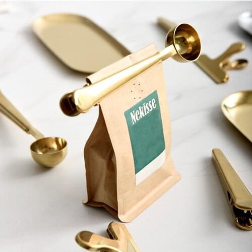 Two-in-one Durable Stainless Steel Spoon With Bag Clip Ground Tea Coffee Scoop Portable Bag Seal Clip powder Measuring tools