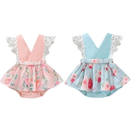 FOCUSNORM 0-24M Newborn Baby Girl Rompers Lace Fly Sleeve V-neck Floral Printed Dress Jumpsuit Outfits Summer Clothes