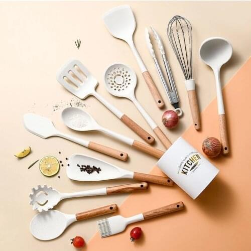 Cooking Kitchenware Tool Silicone Utensils With Wooden Multifunction Handle Non-Stick Spatula Ladle Egg Beaters Shovel
