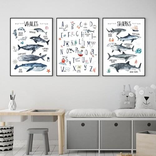 Nautical Ocean Alphabet Kids Educational Poster Whales Sharks Species Canvas Painting Pictures Nursery Wall Art Prints Decor