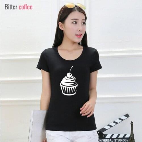 Korean Style Summer Female T-shirt Wholesale Casual Lady Brand Tops Tee Cherry Cupcake Print Womens O-Neck T Shirts