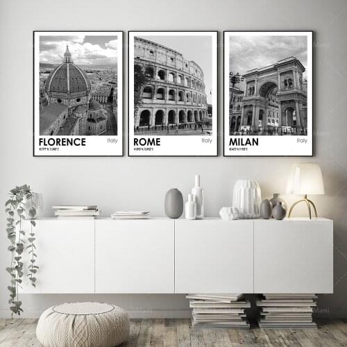 Florence Rome and Milan Italian City Travel Photos Black and White Art Set of 3