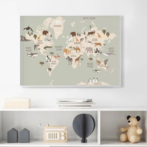 Nursery Wall Art Poster Print Animal World Map Canvas Painting Kids Bedroom Scandinavian Cute Cartoon Pictures Child Room Decor