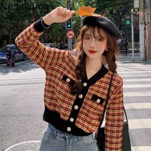 Nomikuma Vintage Plaid Knitted Weave Sweater 2020 Autumn Winter Korean Short Sweater Coat Short V-neck Elegant Knitwear 6C905