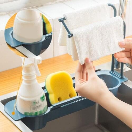 NEW Kitchen With Towel Bar Retractable Detachable Sink Storage Rack Sponge Washing Pot Brush Drainage Finishing Storage Rack
