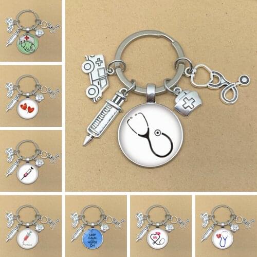 New fashion personalized nurse medical syringe stethoscope ambulance image keychain glass dome key ring pendant gift