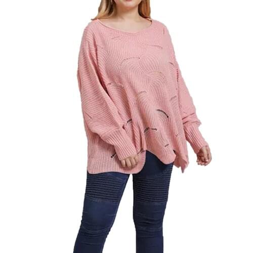 New Design Irregular Hem Hollow Out Plus Size Women Bat Sleeve Knit Sweater