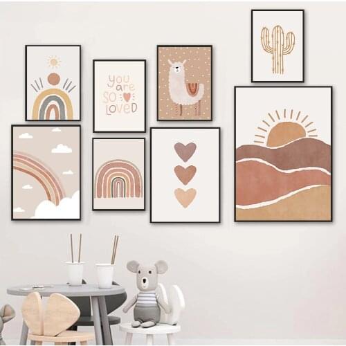 Cactus Alpaca Poster Abstract Sun Heart Print Cloud Rainbow Nursery Canvas Paintings Boho Wall Art Pictures Baby Kids Room Decor