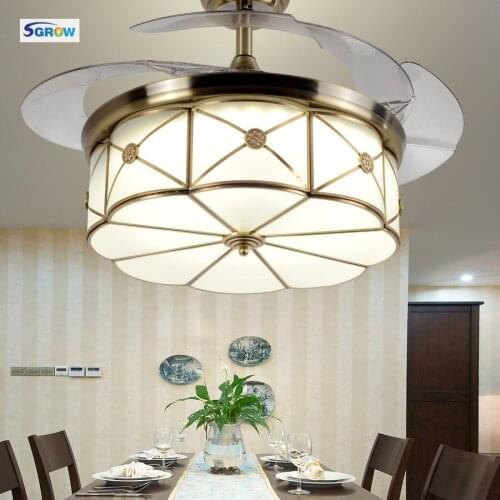 SGROW Pure Copper Body Invisible Living room Dining room Ceiling Fan Light European Retro Luxury Decorative Chandelier