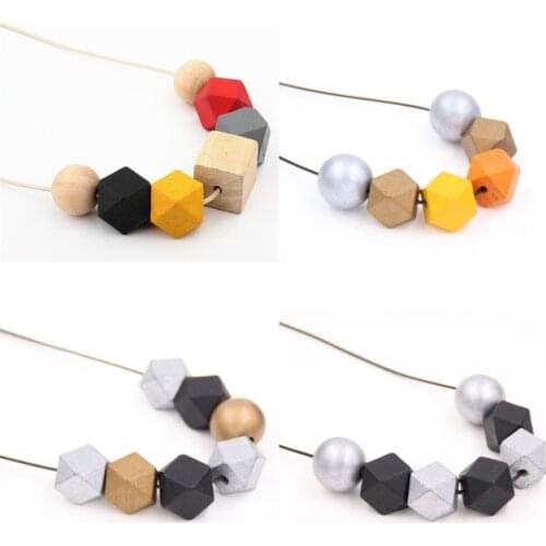 Simple Geometric Colorful Wooden Beads Pendant Necklace For Women Sweater Chain Fashion Charm Jewelry