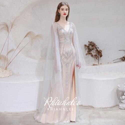 Luxury Champagne V Necline Evening Dresses 2021 With Tulle Cape Sexy Dubai Split Skirt Mermaid Evening Gowns Long Rhiahnlee