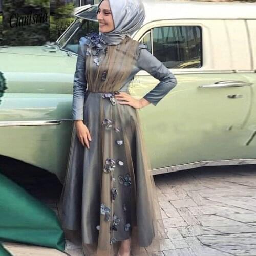 Grey Muslim Evening Dress Taffeta Long Sleeve Flowers Hijab vestido de festa Islamic Dubai Saudi Arabic Evening Gown Prom Dress