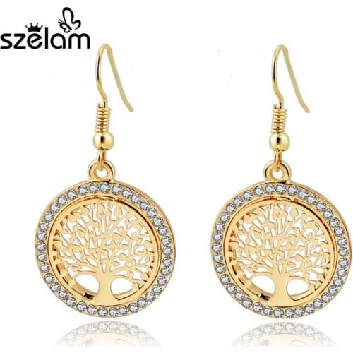 Szelam Gold Color Round Pendant Dangle Earring With Crystal Hot Vintage Tree Pattern Women Jewelry Earrings Brinco Ser160008