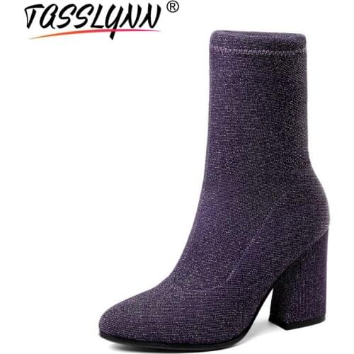 TASSLYNN 2018 Western Pointed Toe Women Boots High Heel Autumn Boots Sexy Women Ankle Boots Stretch Fabric Hoof Heel Lady Boots