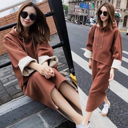 Hoodie 2 Pieces Set Women Autumn Solid Oversized Sweatshirt Set Casual Long Sleeve Fleece Tops Dress Tracksuit Suit Outfits