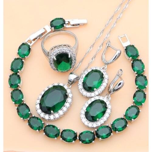Green Emerald Jewelry Sets 925 Sterling Silver Earrings Rings Set Accessories Wdding Necklace Set Dropshipping