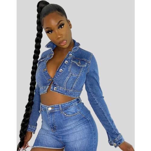 Womens Spring jacket Jean Short Denim 2021 New Fashion Slim Blue denim Coat Jeans Clothing woman Solid Color Cotton Long Sleeve