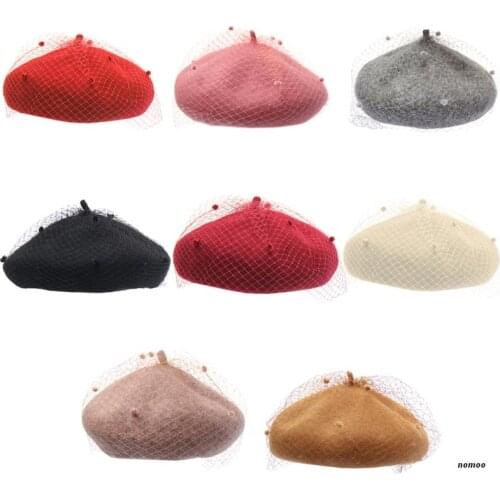 Women Ladies Autumn Winter Wool Beret Vintage Net Veil Pattern Female Painter Outdoor Elegant Beanies Bonnet Hat