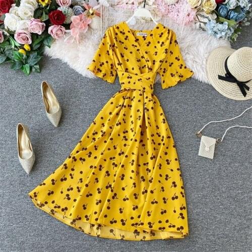 20 New Fashion Spring Women Short Sleeve Print Dresses Summer Slim V-neck Chiffon Dress Long Beach Dress Clothing Vestidos 1159