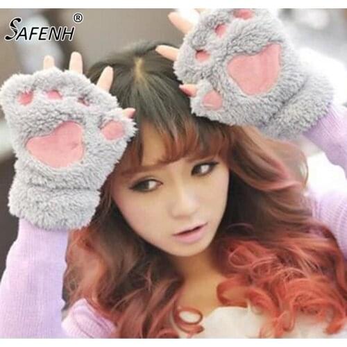 1 Pair Women Lady Girl Winter Warm Paw Gloves Fingerless Fluffy Bear Cat Plush Paw Glove Mittens