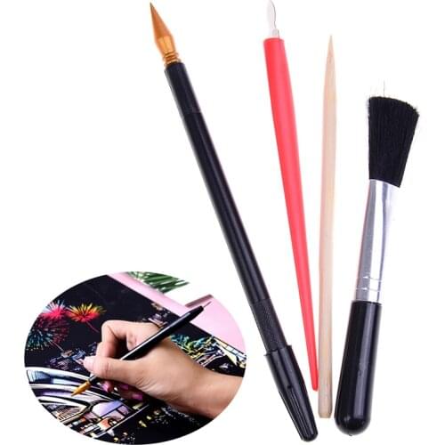 4Pcs Painting Drawing Scratch Arts Set with Stick Scraper Pen Black Brush for Scratch Sketch Art Papers Boards Tools DIY Gift
