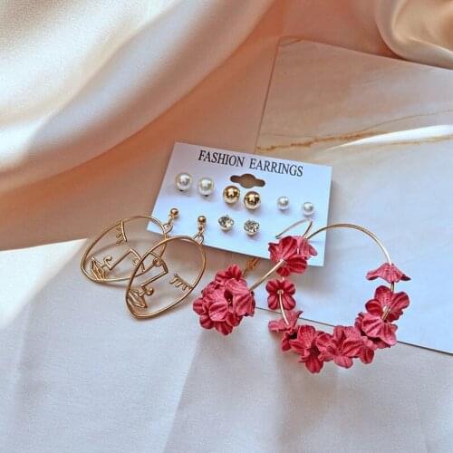 6Pairs/Set Simulation Pearl Big Circle Flower Earrings Set For Women Simple Irregular Geometric Rhinestone Earings Jewelry 2021