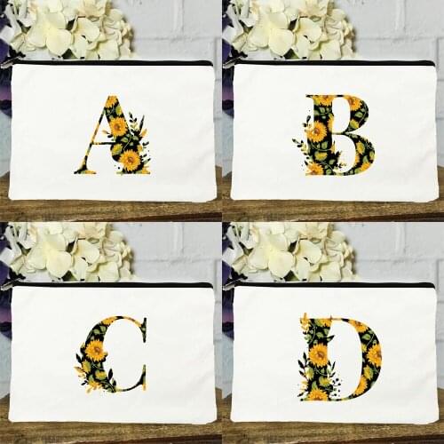 Alphabet Bride Wedding Sunflowers Cosmetic Bag Canvas Toiletries Storage Bag Organizer Bridesmaid Gift Travel Portable Handbag