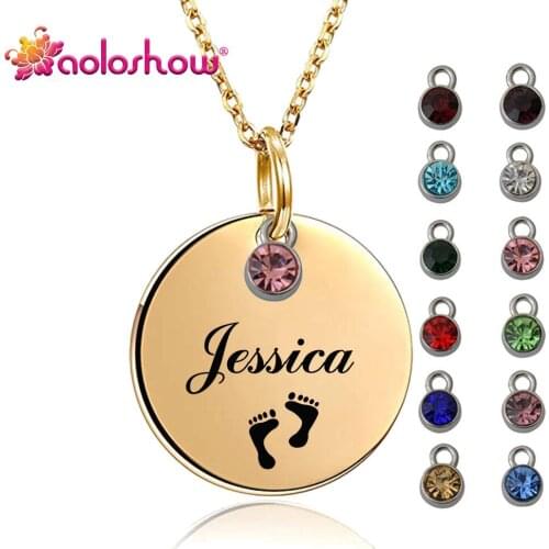 AOLOSHOW Custom Name Necklace with Birthstone Engraved Monogram Initial Personal Disc Jewelry Birthday Valentine Gift 16mm 25mm