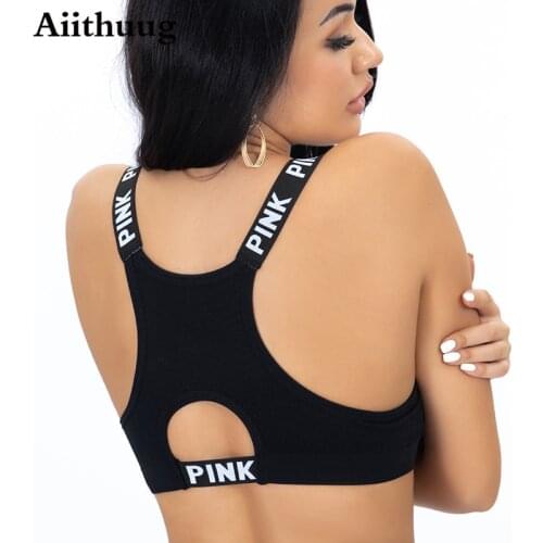 Aiithuug Letter Strap Yoga Bra Top for Women Black Wirefree Padded Medium Sports One Piece Bras Brassiere Tops Push Up Crop Top