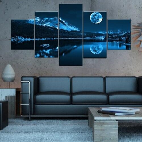 Home Decoration Wall Art Modular Pictures Canvas HD Print 5 Pieces Abstract Blue Moon Night Scene Paintings Modern Framework