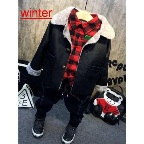 Children Tracksuit Kids Clothing Sets Baby Boys Fashion Sports Suits boys Plush PU leather coat,shirts and jeans Boy Clothes set