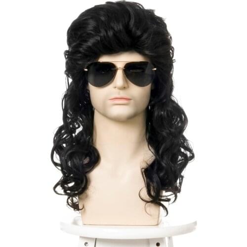 Long Wigs for Men 80s Black Mullet Wayne World Wig Rocker Strar Wigs Synthetic Wigs Cosplay Costume Wig