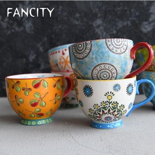 FANCITY Creative hand-painted relief large capacity breakfast cup milk cup dessert cup oatmeal cup fruit cup large soup cup wate