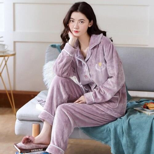 2 Piece Set Warm Pijamas 2021 Winter Sleepwear Women Coral Fleece Pajamas Women Homewear Autumn Casual PajamasTurn-down Collar