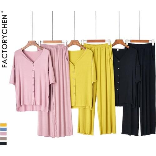 2020 New Summer Womens Sleepwear Cotton Cardigan Shirt+Trousers Modal Clothing Suits Female pajamas set