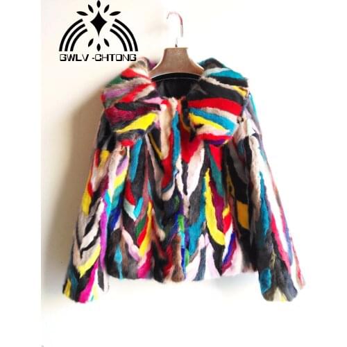 New Natural genuine real Mink Fur coat Womens Fashion doll collar All-match multi-color colorfull jacket