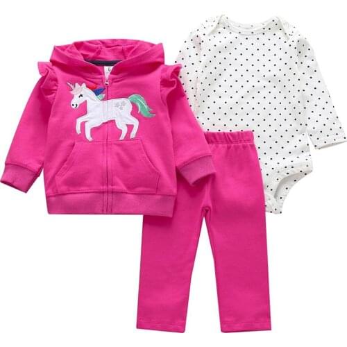 Baby girl cartoon unicorn clothes long sleeve hooded coat+dot romper+pant newborn outfit 2021 fall infant clothing set new born