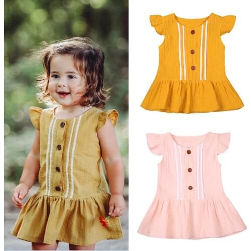 FOCUSNORM Summer Lovely Baby Girls Dress Flying Sleeve Solid Button Ruffles Mini A-Line Dress 0-4Y