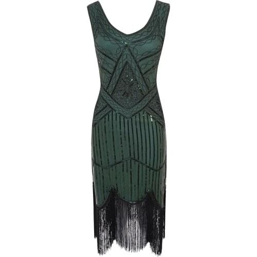 Women Party Dress 1920 s Great Gatsby Flapper Vestidos Sequin Bead Fringe Dress Evening V Neck Embellished Fringed Sleeveless